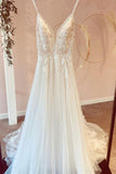 Modest V-Neck Long A-Line Tulle Wedding Dress with Spaghetti Straps and Lace Appliques BM bride