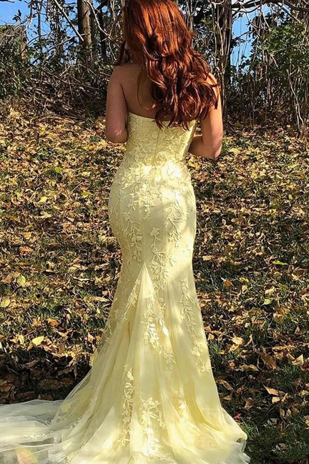 Gorgeous Mermaid Strapless Lace Long Prom Dress with Slit BM bride