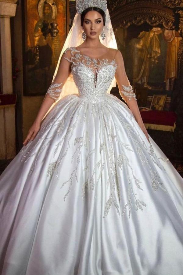 Gorgeous Long Princess Sweetheart Satin Wedding Dress with Sleeves BM bride