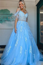 Lovely A-Line V Neck Lace Tulle Prom Dress with Beading and Feathers BM bride
