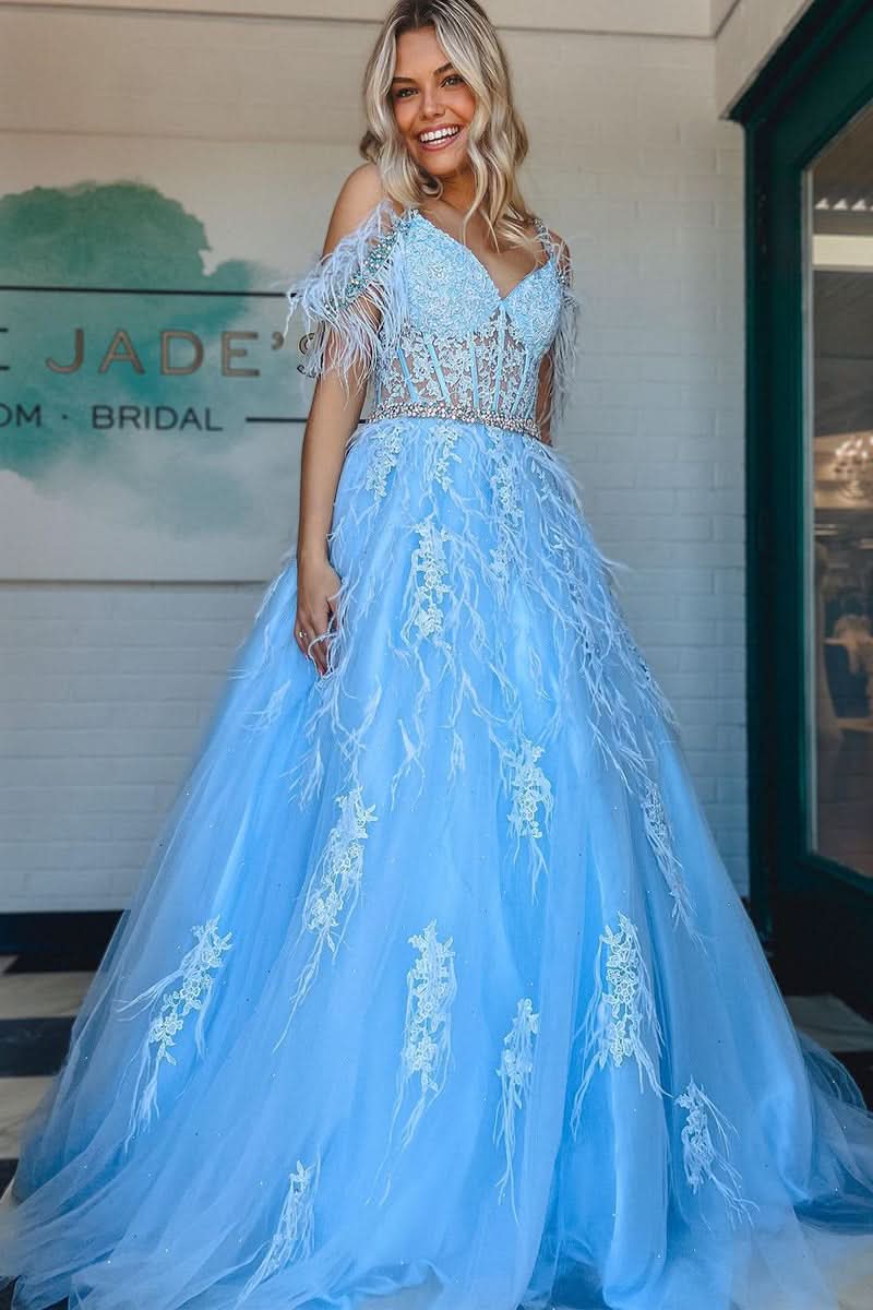 Lovely A-Line V Neck Lace Tulle Prom Dress with Beading and Feathers BM bride