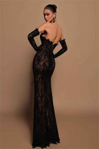 Glamorous Black Strapless Embroidery Long Split Prom Dress With Gloves
