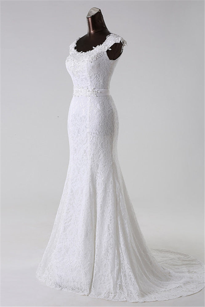 Jewel Neck Long Mermaid Lace Wedding Dress with Appliques BM bride