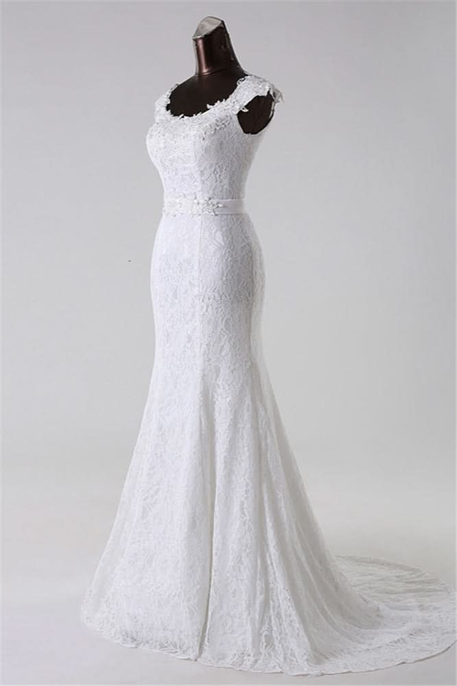 Jewel Neck Long Mermaid Lace Wedding Dress with Appliques BM bride