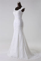 Jewel Neck Long Mermaid Lace Wedding Dress with Appliques BM bride