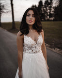 Simple Long A-Line V-Neck Tulle Wedding Dress with Appliques BM bride