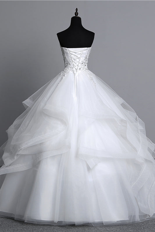 Long Ball Gown Strapless Tulle Layered Wedding Dress with Beaded Appliques BM bride