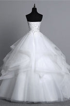 Long Ball Gown Strapless Tulle Layered Wedding Dress with Beaded Appliques BM bride