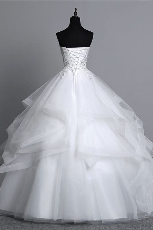 Long Ball Gown Strapless Tulle Layered Wedding Dress with Beaded Appliques BM bride