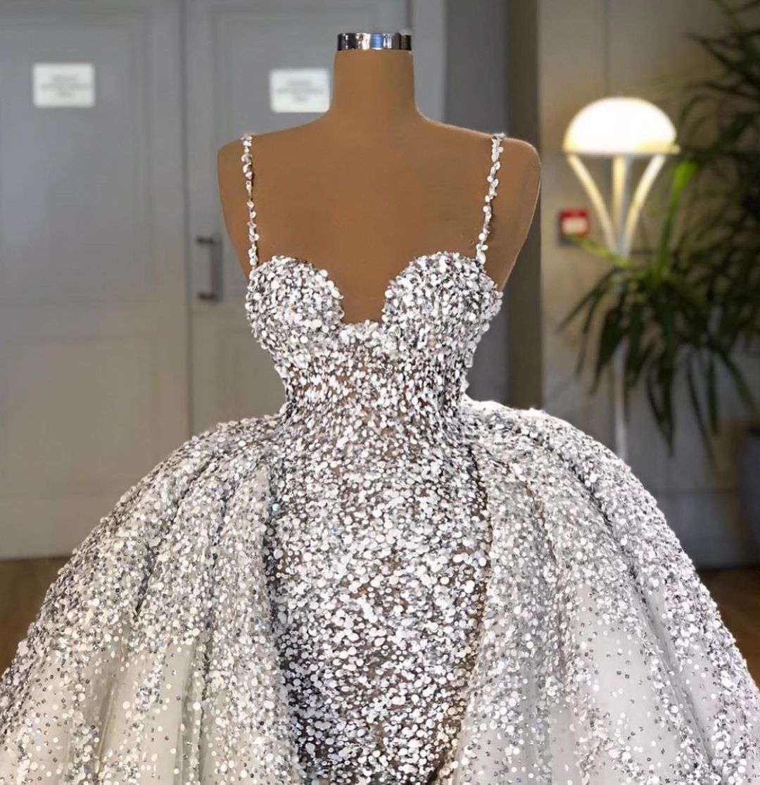 Brilliant Sweetheart Sequin Mermaid Wedding Dress with Ruffle Train BM bride