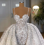 Brilliant Sweetheart Sequin Mermaid Wedding Dress with Ruffle Train BM bride