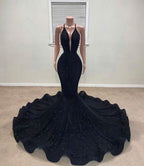 Black Halter Mermaid Prom Dress with Sequins BM bride
