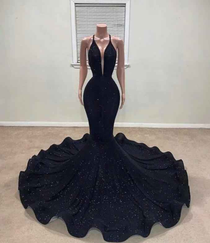 Black Sleeveless Deep V Neck Long Mermaid Halter Prom Dress With Sequins