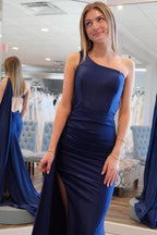 Stylish Simple Mermaid One Shoulder Navy Blue Satin Long Prom Dress BM bride