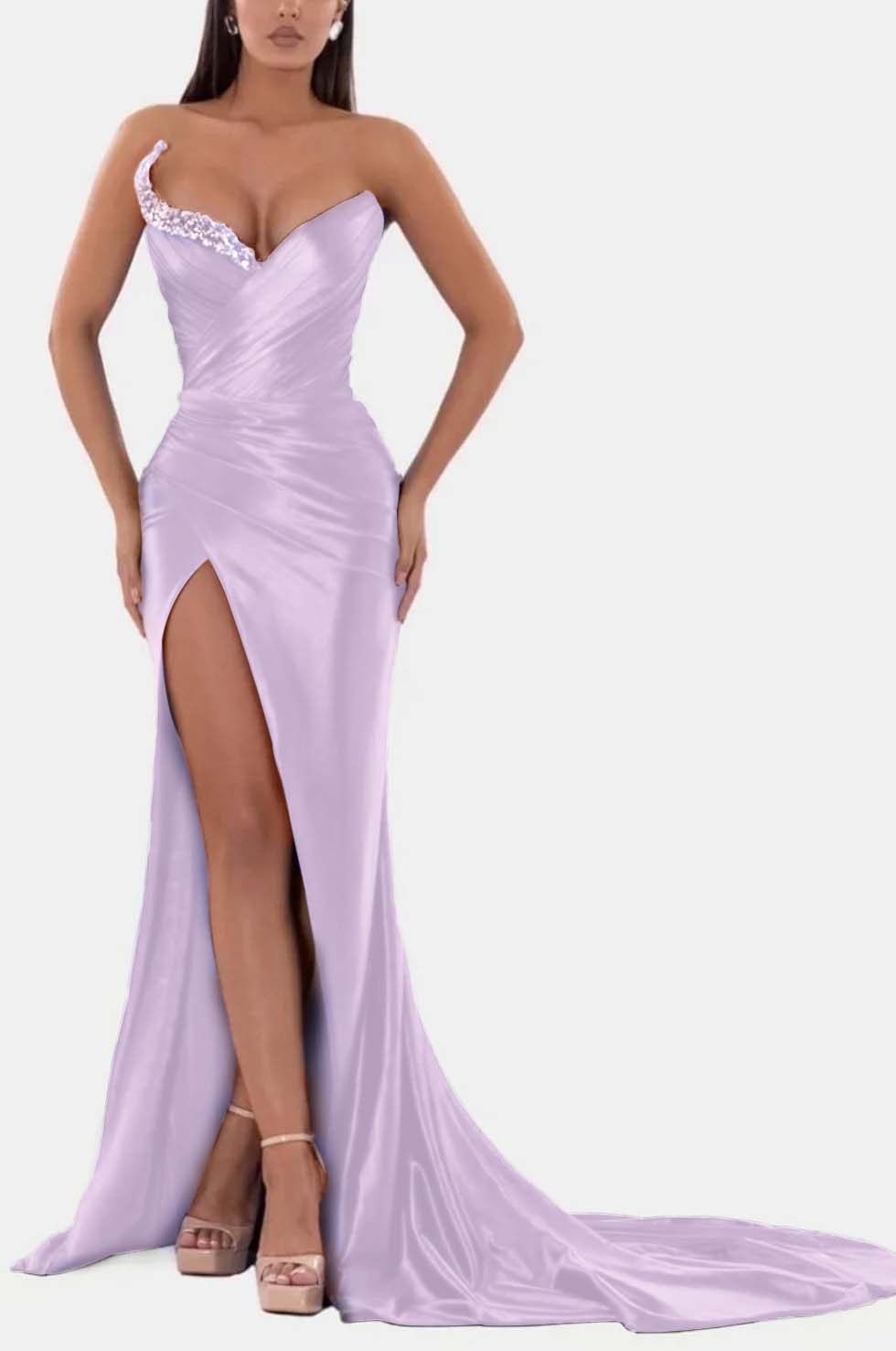 Sexy Royal Blue Prom Dress V Neck With High Slit Pleated Strapless Sleeveless BMBRIDE