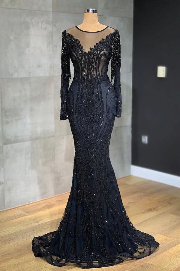 Classic Black Mermaid Prom Dress Long Sleeves with Tulle BM bride