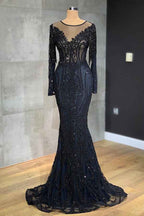 Classic Black Mermaid Long Prom Dress Long Sleeves With Tulle