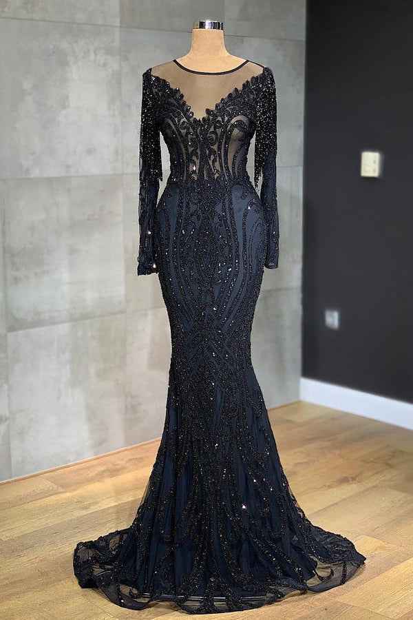 Classic Black Mermaid Long Prom Dress Long Sleeves With Tulle