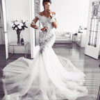 Modern Long Sleeve Mermaid Wedding Dress with Lace Appliques (On Sale) BM bride