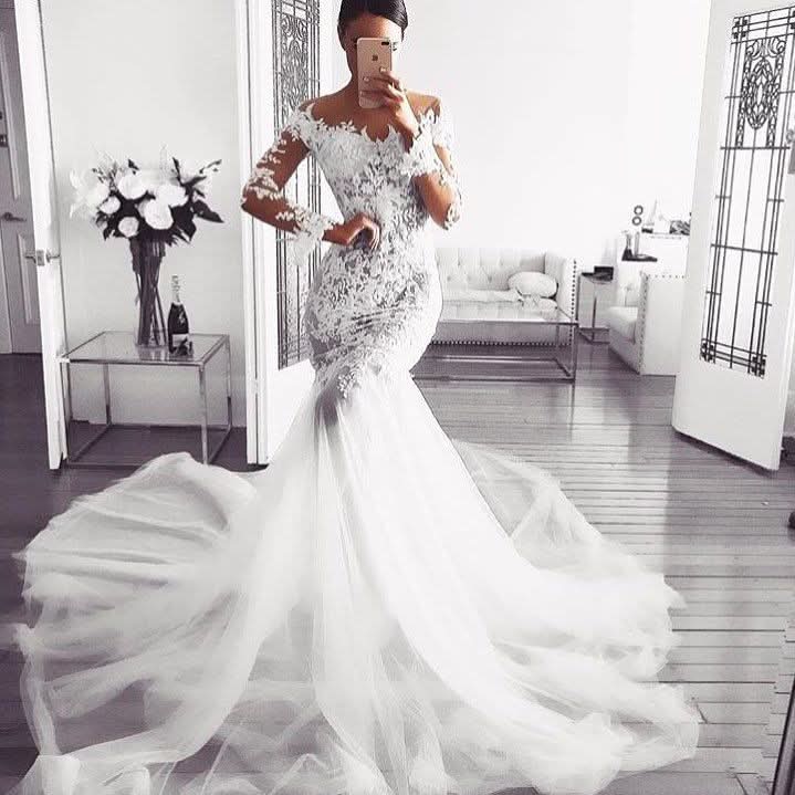 Modern Long Sleeve Mermaid Wedding Dress with Lace Appliques (On Sale) BM bride