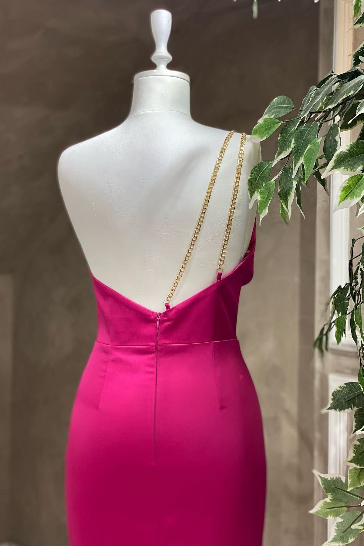 Fuchsia One Shoulder Floor Length Mermaid Evening Dress with Pleats BM bride