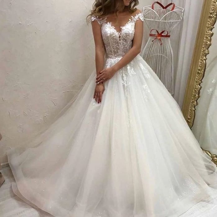 Sweetheart Off-the-Shoulder A-Line Wedding Dress with Train, Tulle, and Lace Appliques BM bride