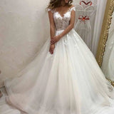 Sweetheart Off-the-Shoulder A-Line Wedding Dress with Train, Tulle, and Lace Appliques BM bride