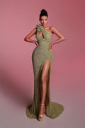 Charming Sequins One Shoulder Sleeveless Long Prom Dress With Front Split