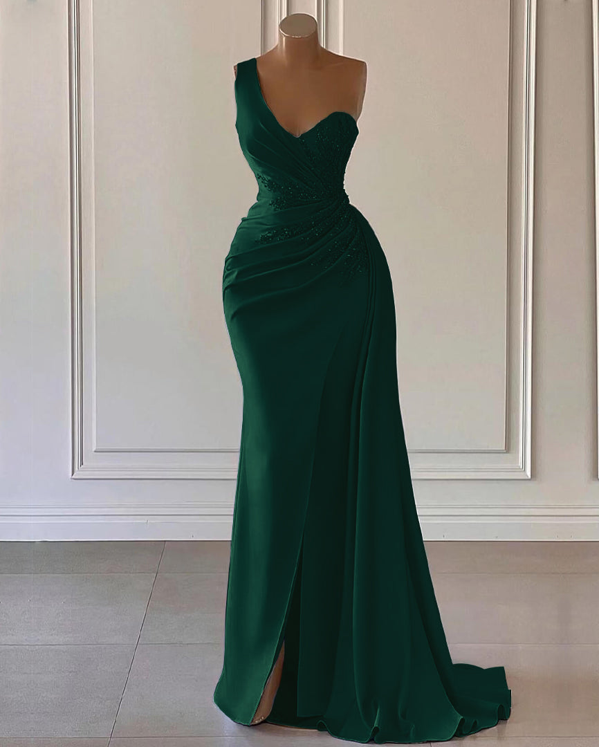 Sky Blue One-Shoulder Luxury Prom Dress Mermaid Split with Ruffles BM bride