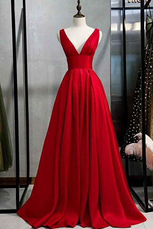 Elegant Red Deep V Neck Sleeveless Backless A Line Prom Dress Online