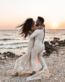 Elegant Long Mermaid V-Neck Floral Lace Wedding Dress with Backless Design BM bride