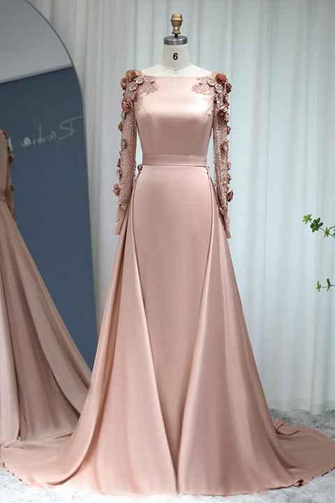 A Line Bateau Prom Dress Long Sleeves Sweep With Flower Appliques