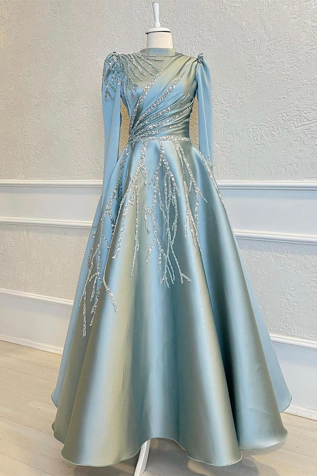 High Collar Long Sleeves A-Line Prom Dress with Beads, Pleated, and Appliques BM bride