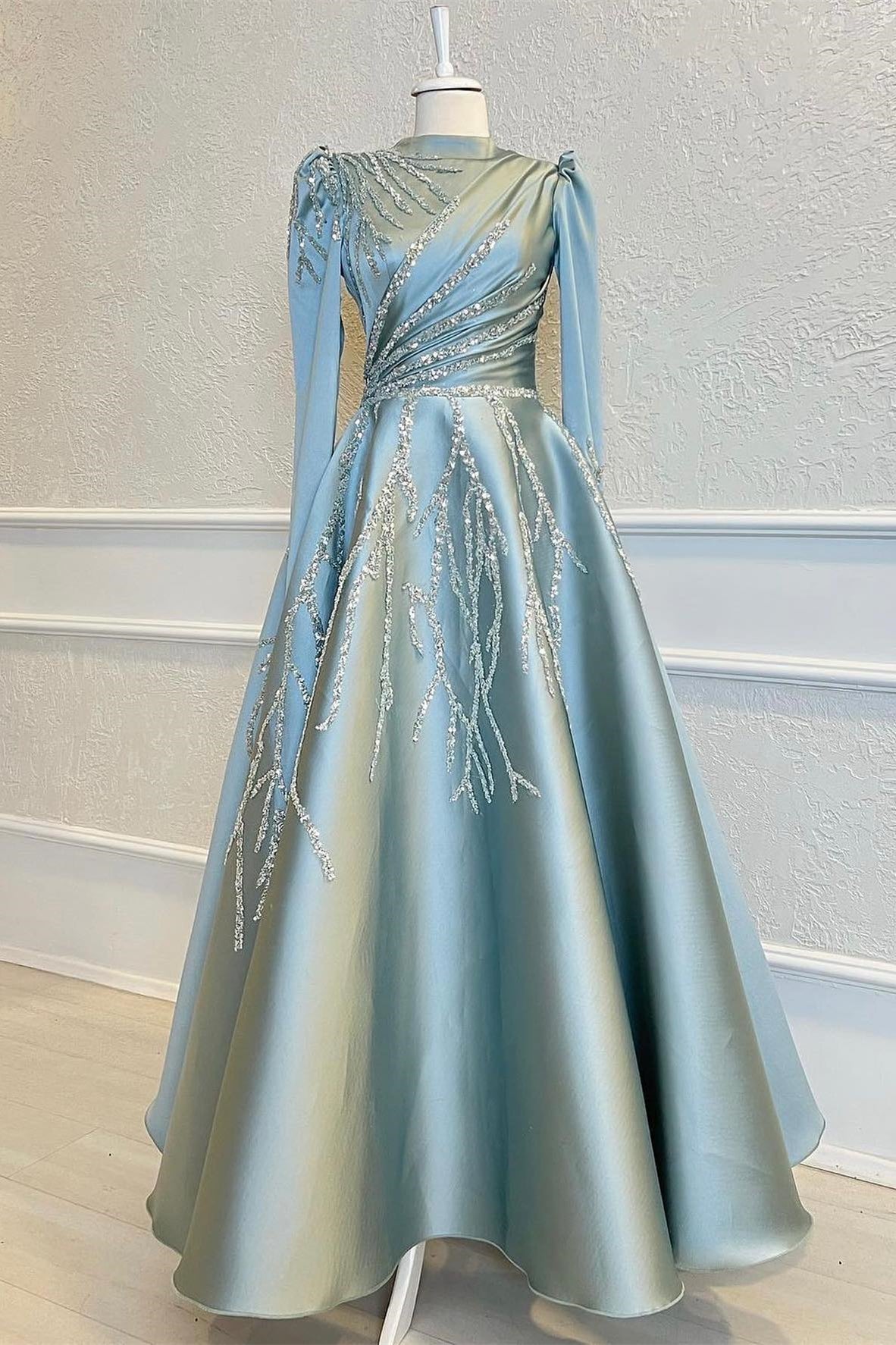 High Collar Long Sleeves A-Line Prom Dress with Beads, Pleated, and Appliques BM bride