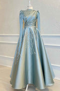 High Collar Long Sleeves A Line Beads Prom Dress With Pleated Appliques