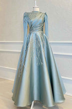 High Collar Long Sleeves A Line Beads Prom Dress With Pleated Appliques