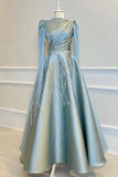 High Collar Long Sleeves A-Line Prom Dress with Beads, Pleated, and Appliques BM bride