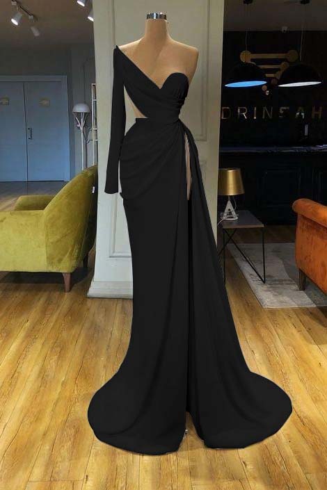 White Long Sleeve Sweetheart Mermaid Prom Dress One Shoulder With Split