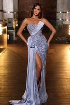Elegant Purple Off-the-Shoulder Long Evening Dress Prom Dress with Slit High Neck Beadings BM bride