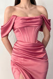 Dusty Rose Off-The-Shoulder Mermaid Prom Dress with Pleats and Split BM bride