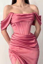 Off the Shoulder Strapless Dusty Rose Pleated Prom Dress Mermaid With Split