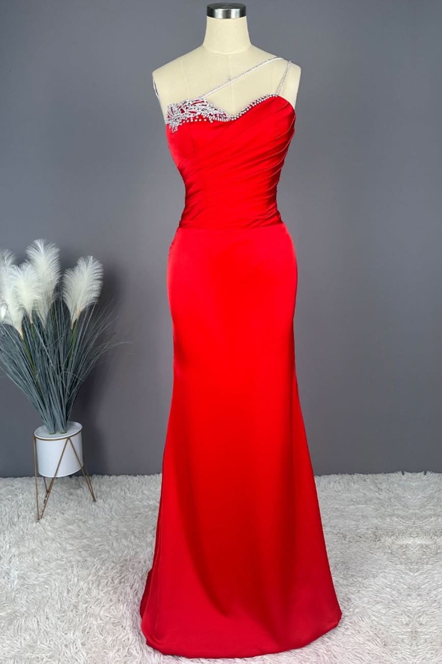 Red Long Sleeveless Sweetheart Prom Dress with Beadings BM bride