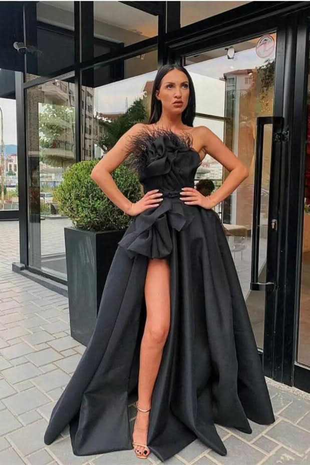 Black Long Prom Dress Split with Feather BM bride