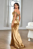 Elegant Off-the-Shoulder Pleated Mermaid Prom Dress with Split BM bride