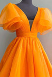 Striking Orange Plunge V Ruffled Sleeve A-Line Long Formal Dress BM bride