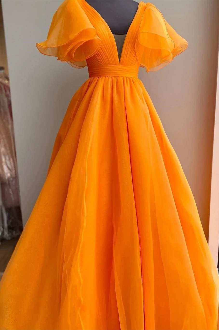 Striking Orange Plunge V Ruffled Sleeve A-Line Long Formal Dress BM bride