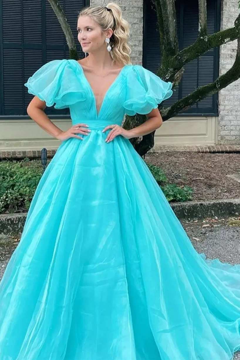 Striking Orange Plunge V Ruffled Sleeve A-Line Long Formal Dress BM bride