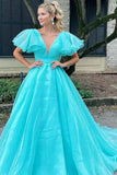 Striking Orange Plunge V Ruffled Sleeve A-Line Long Formal Dress BM bride