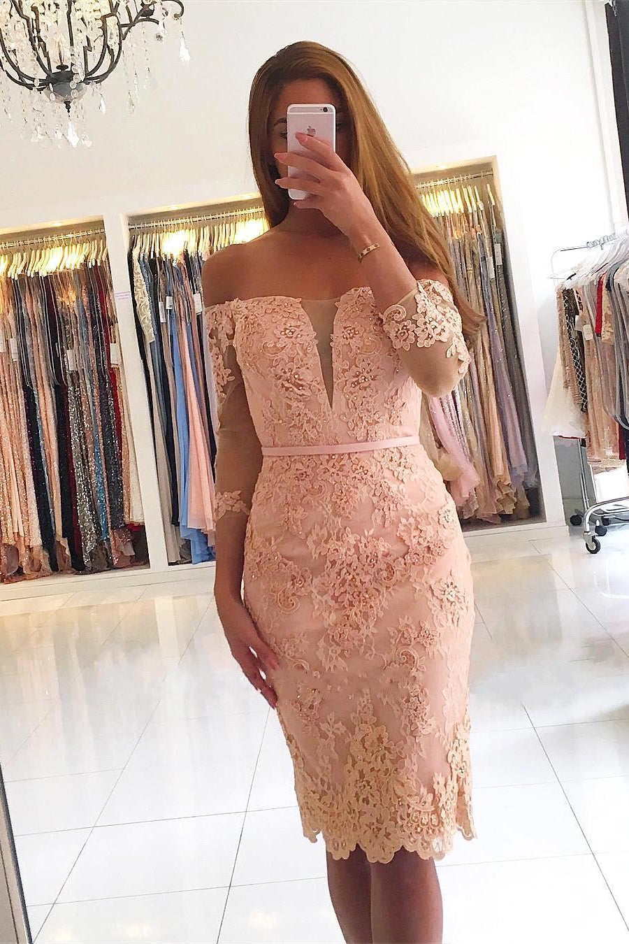 BMbride Elegant 3/4 Sleeves Lace Slim Short Party Dress BMbride