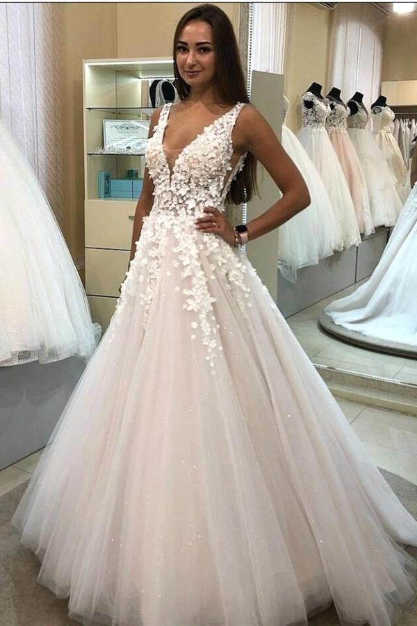 BMbride Elegant 3D Floral Lace Tulle Aline Sleeveless Evening Dress BMbride
